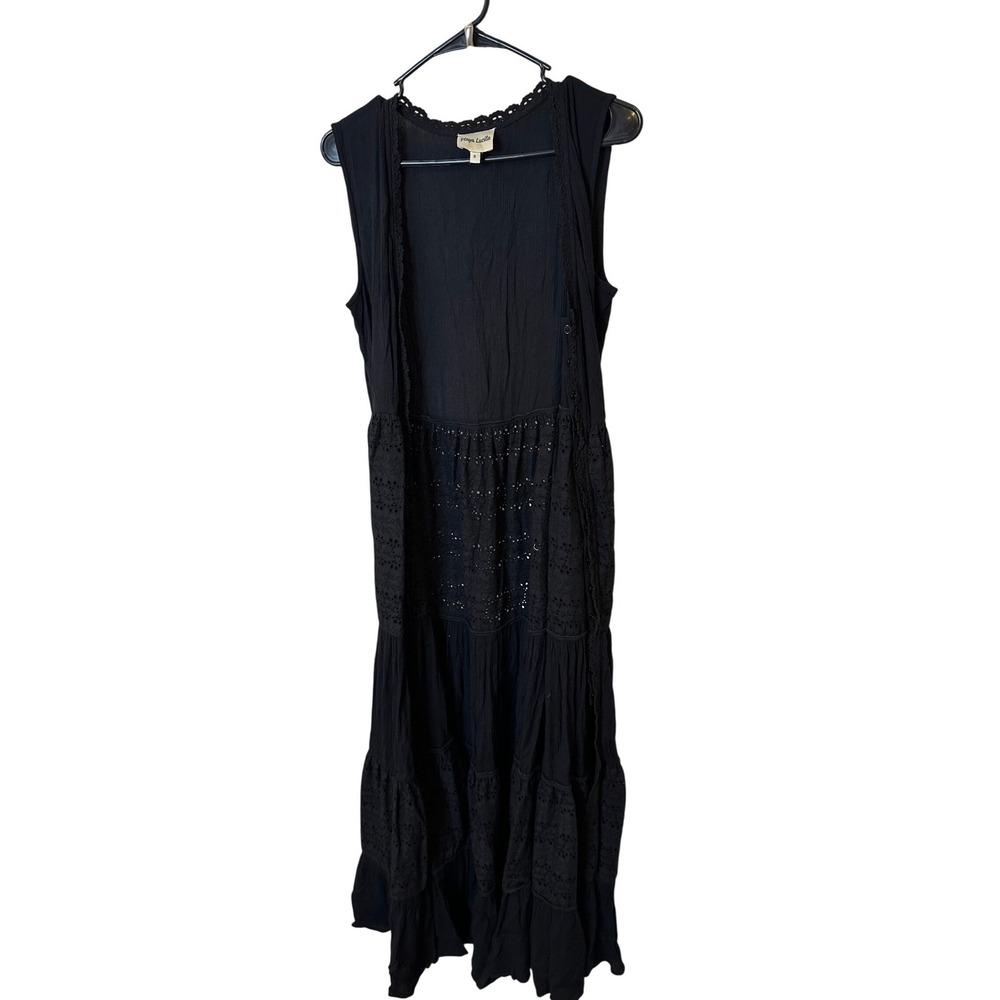 Playa Lucila Black Eyelet Tiered Maxi Cover up Sleeveless Crochet Trim Small